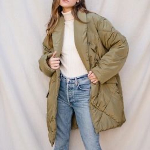 Free People Jackets & Blazers - Free People Ella Puffer Puffa Jacket Olive Green Quilted Slouchy Lightweight-M